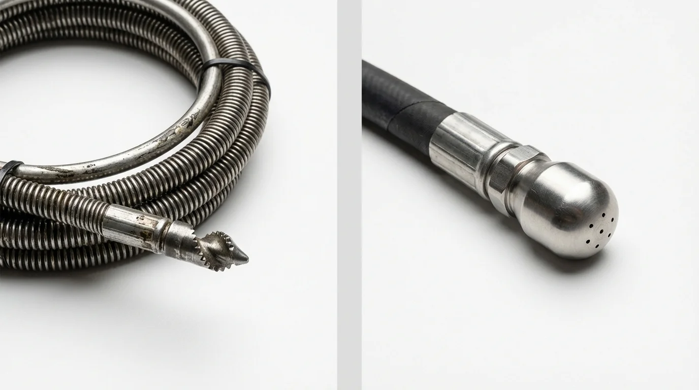Drain snake cable and hydro jetting nozzle used for drain cleaning in Conway, MA
