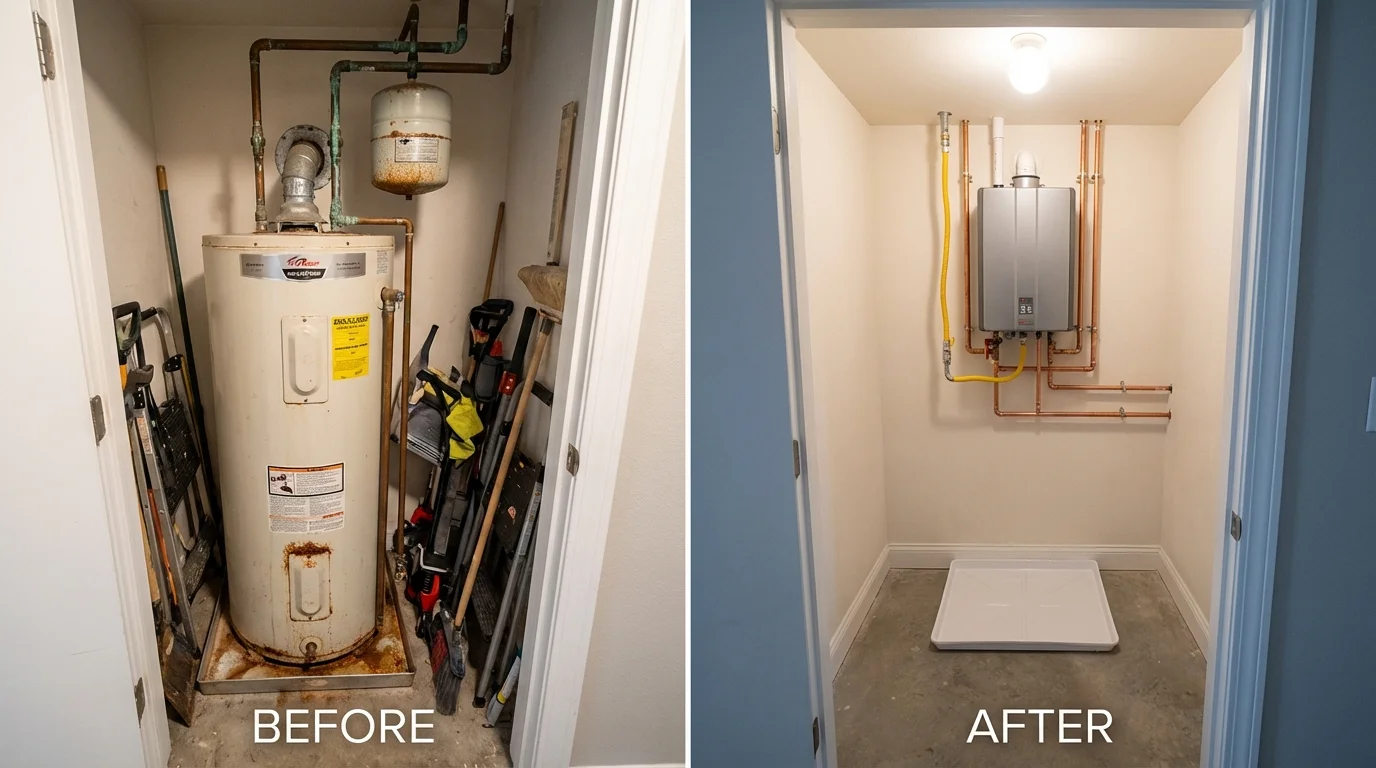 Tank water heater versus wall-mounted tankless unit comparison for Conway, MA homeowners