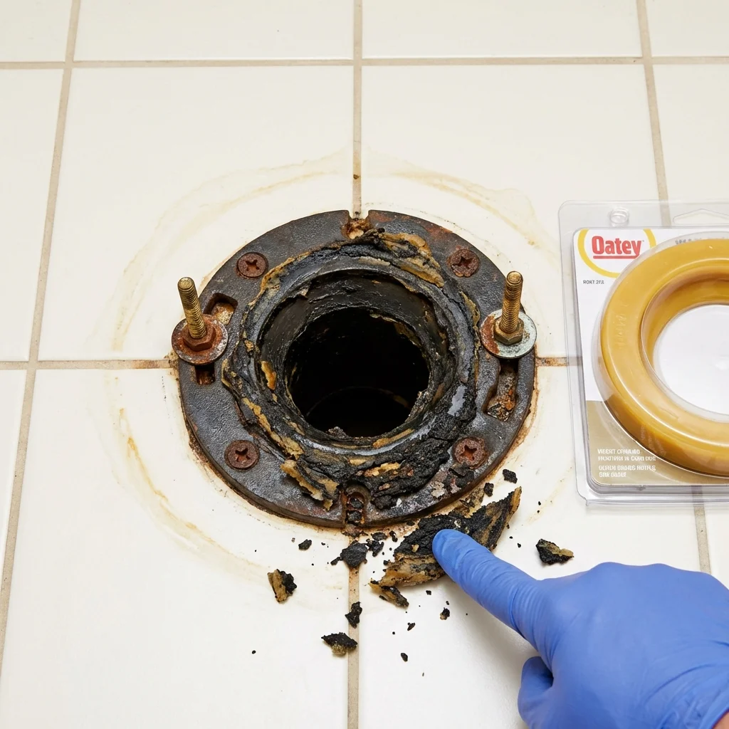 Failed wax ring showing water seepage at the base of a toilet in a Conway, MA home