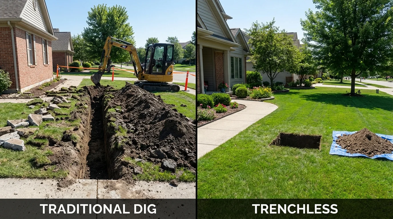 Trenchless sewer repair with minimal yard damage versus traditional excavation in Conway, MA