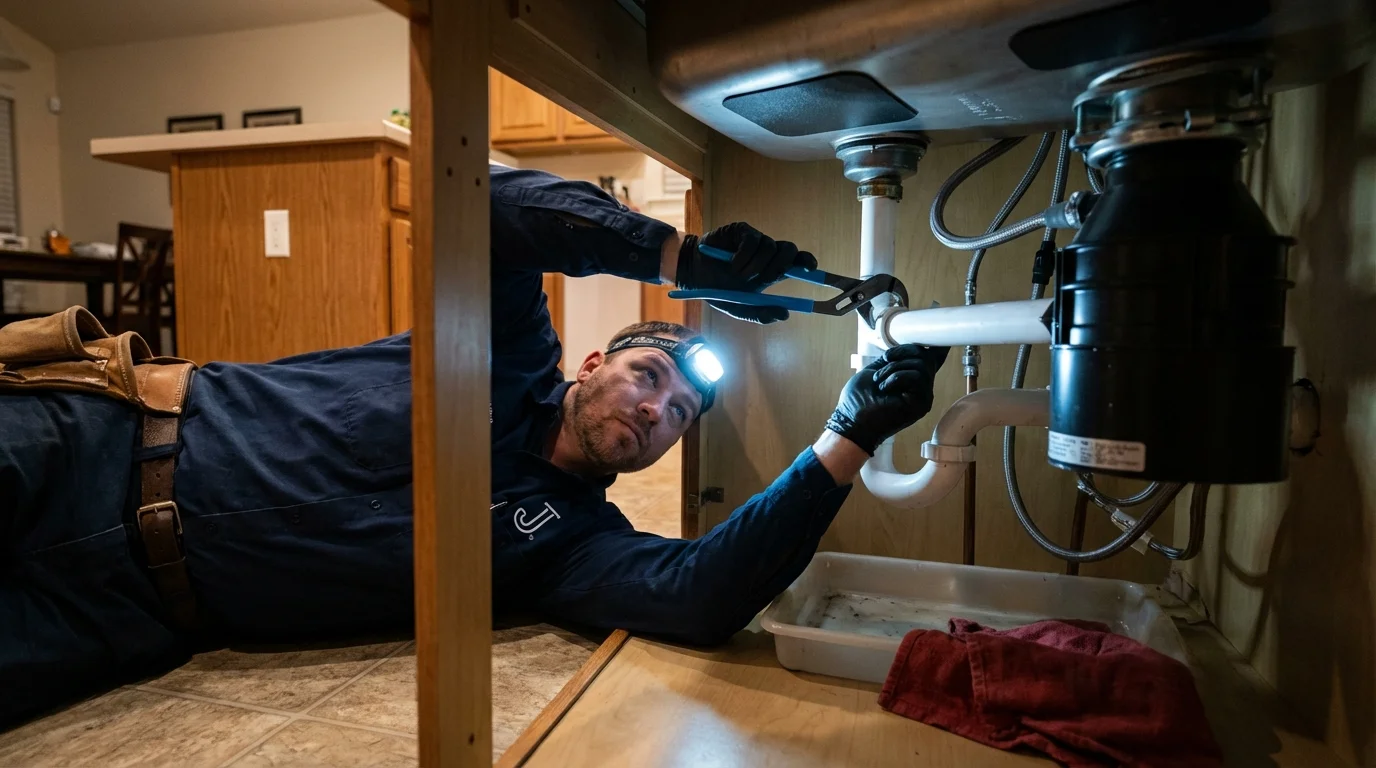 P-trap and supply line connections under a kitchen sink showing a common leak point in Conway, MA